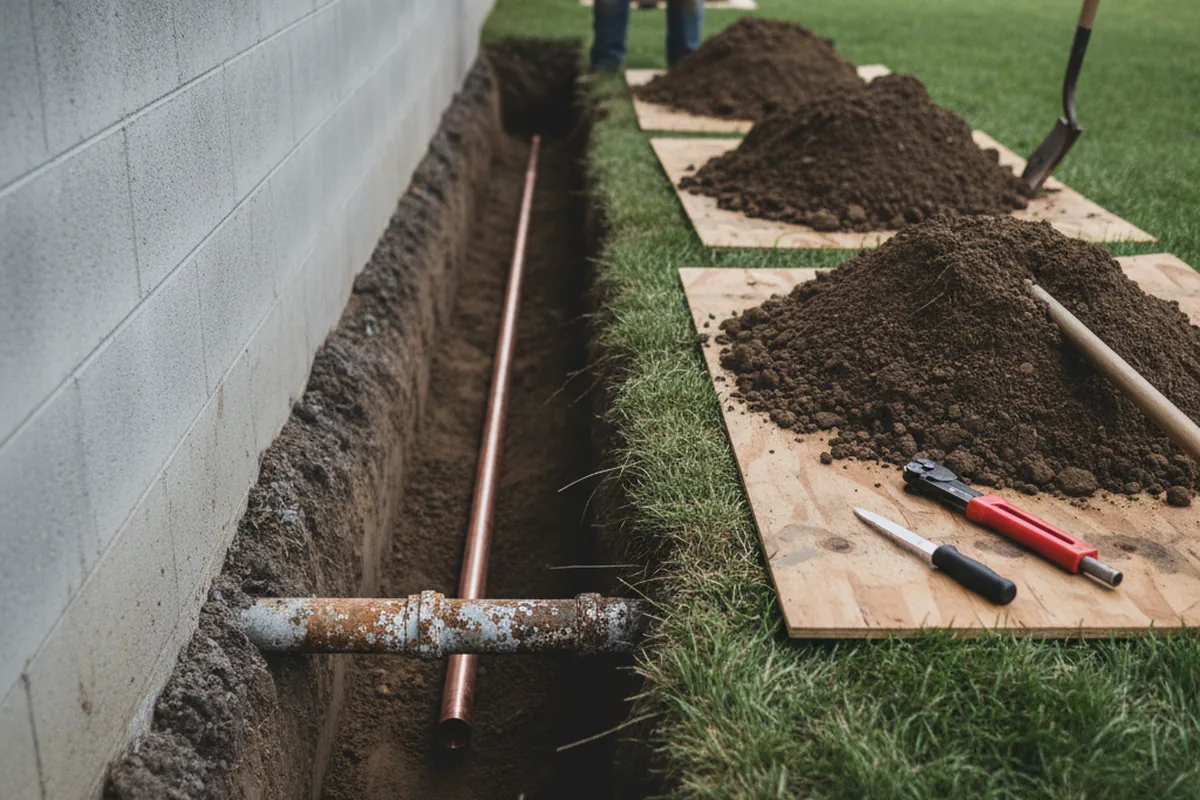 Excavated water line trench during Sewer Line Repair in High Point